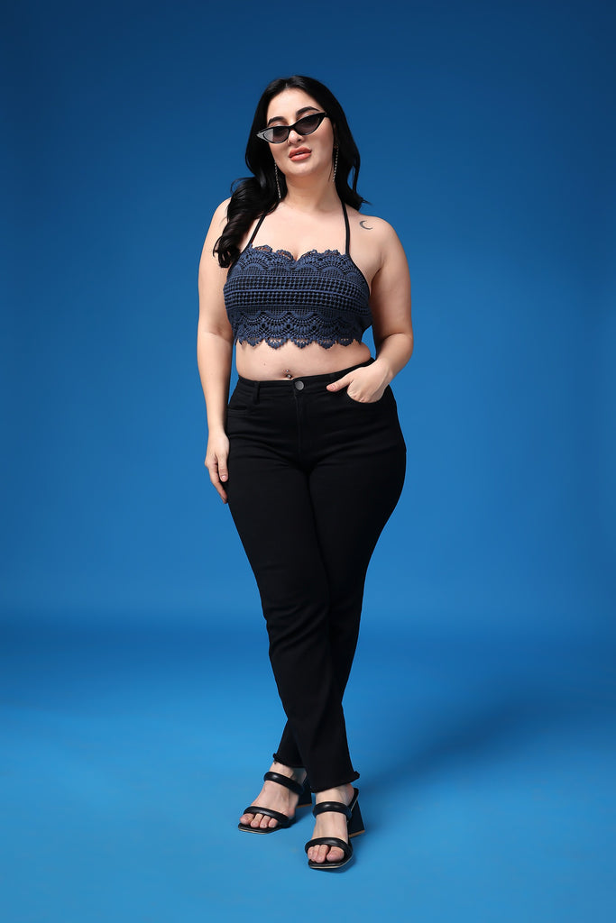 Model wearing Poly Blended Crop Top with Pattern type: Solid-62