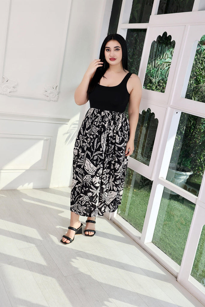 Model wearing Viscose Crepe Maxi Dress with Pattern type: Leaf-2