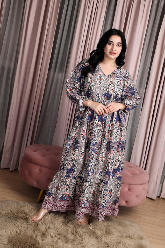 Model wearing Rayon Maxi Dress with Pattern type: Multiprint-1