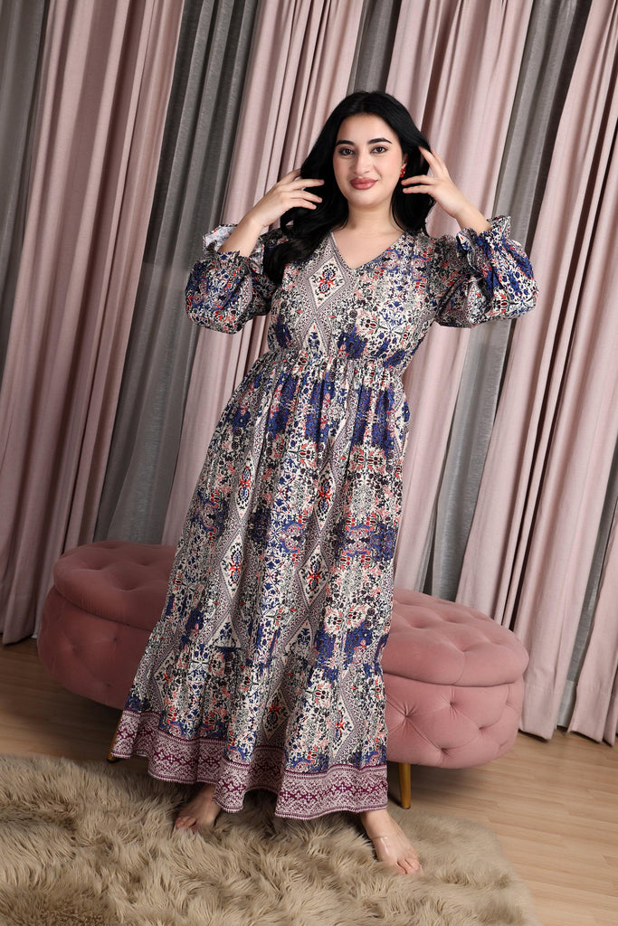 Model wearing Rayon Maxi Dress with Pattern type: Multiprint-2