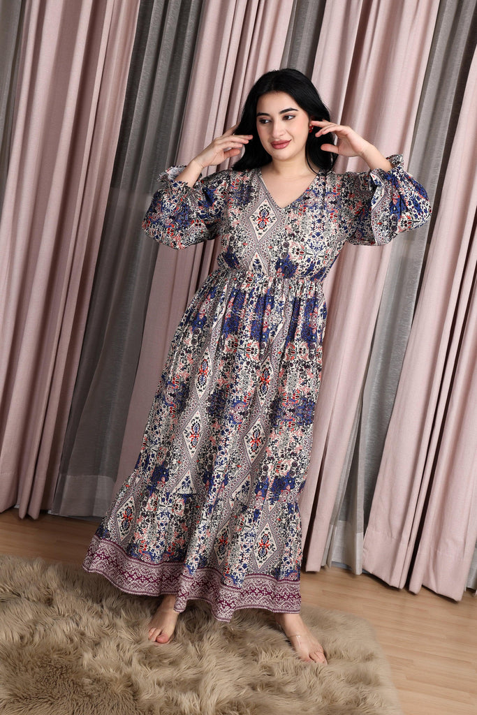 Model wearing Rayon Maxi Dress with Pattern type: Multiprint-4