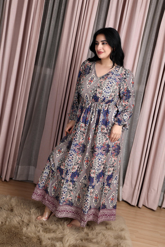 Model wearing Rayon Maxi Dress with Pattern type: Multiprint-5