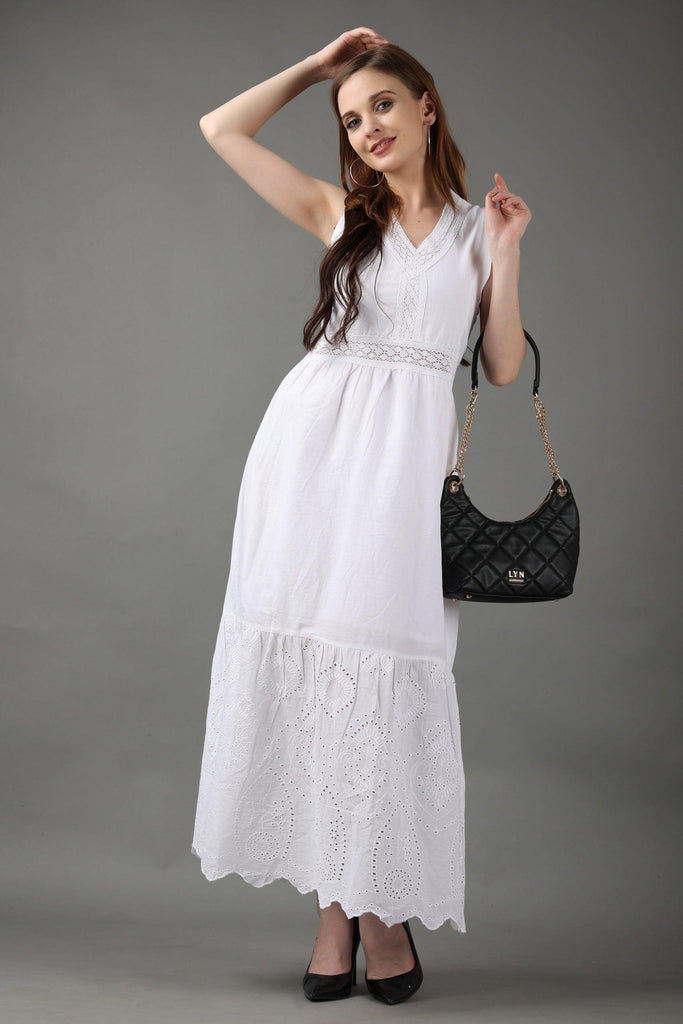 Model wearing Cotton Maxi Dress with Pattern type: Solid-1