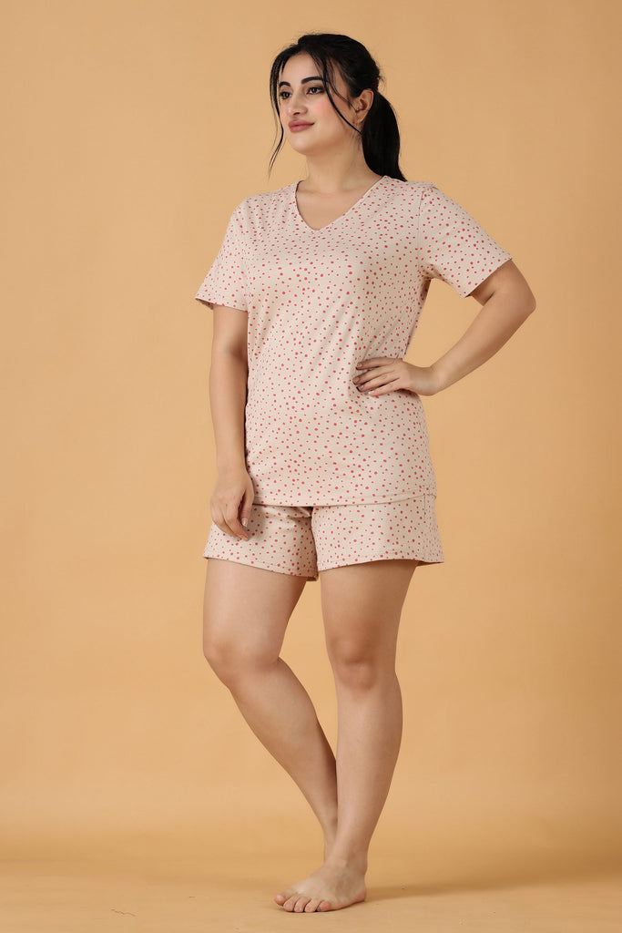 Model wearing Cotton Night Suit Set with Pattern type: Polka Dots-5