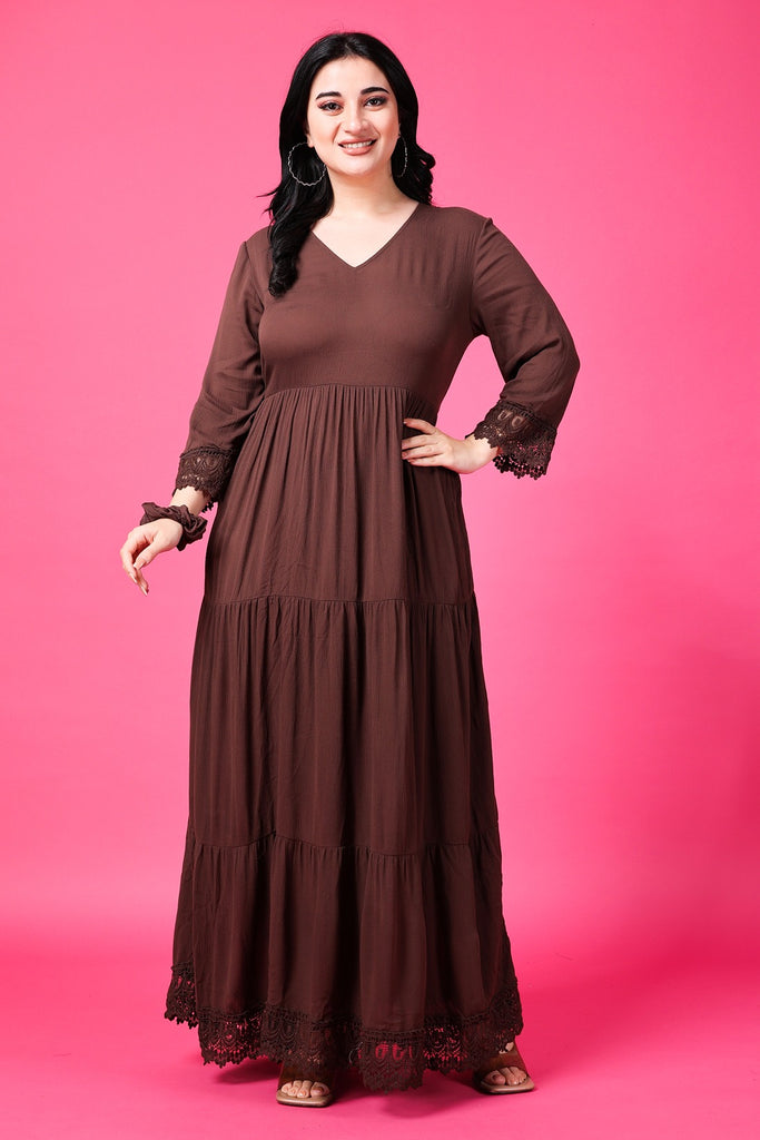 Model wearing Viscose Crepe Maxi Dress with Pattern type: Solid-13