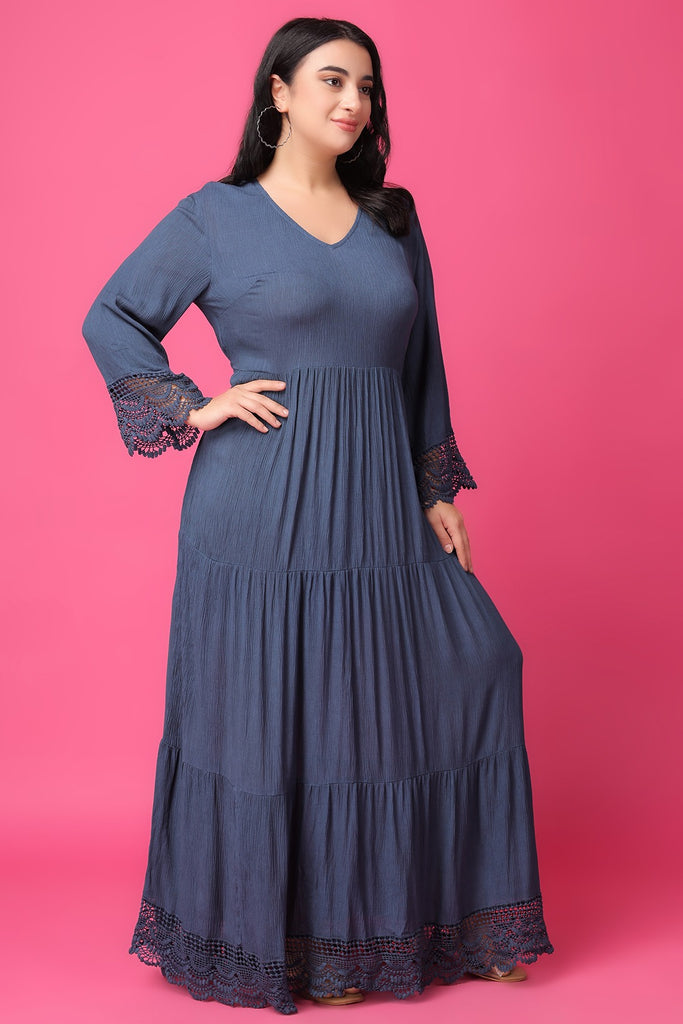Model wearing Viscose Crepe Maxi Dress with Pattern type: Solid-34
