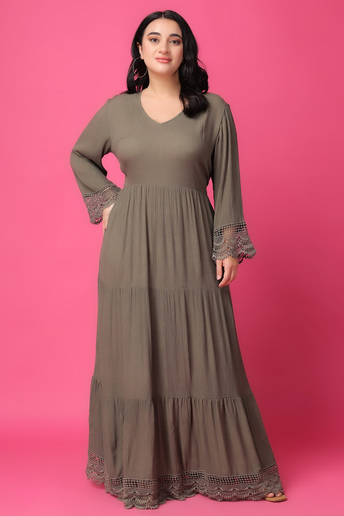 Model wearing Viscose Crepe Maxi Dress with Pattern type: Solid-39