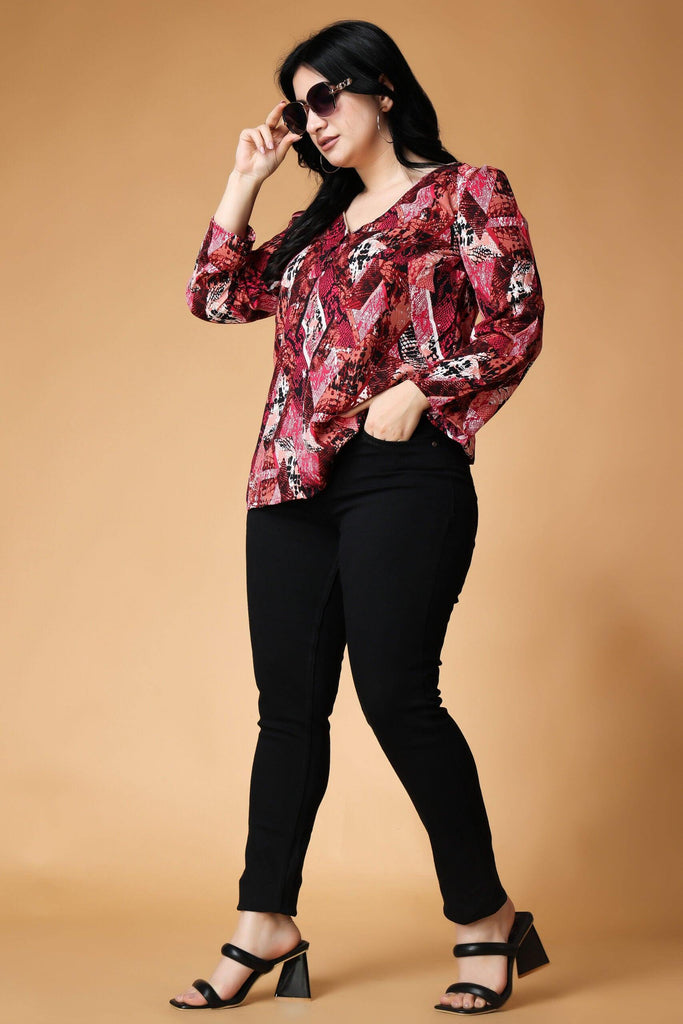 Model wearing Poly Crepe Top with Pattern type: Abstract-2