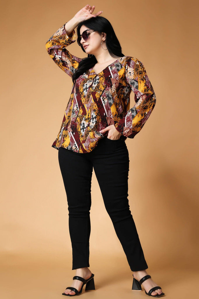 Model wearing Poly Crepe Top with Pattern type: Abstract-8
