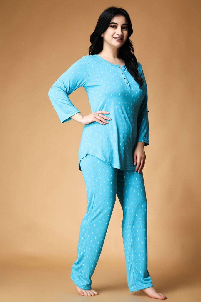 Model wearing Cotton Night Suit Set with Pattern type: Anchor-3