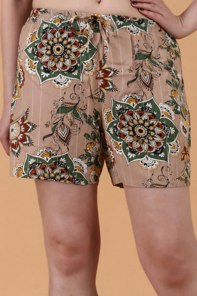 Model wearing Rayon Shorts with Pattern type: Butterfly Ethnic-1