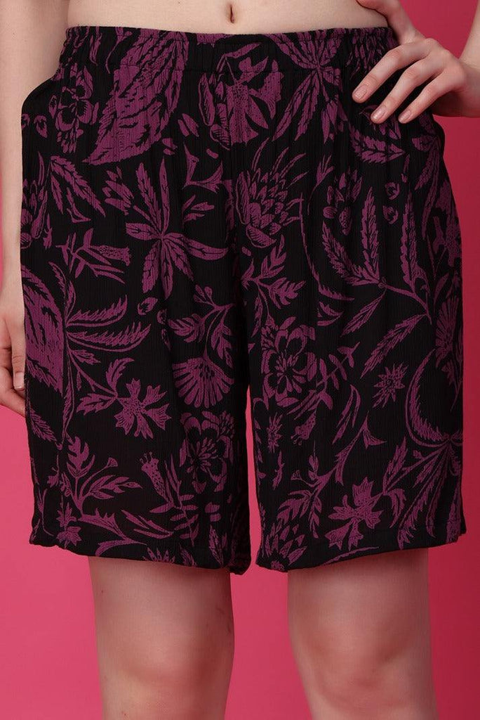 Model wearing Viscose Crepe Shorts with Pattern type: Floral-1