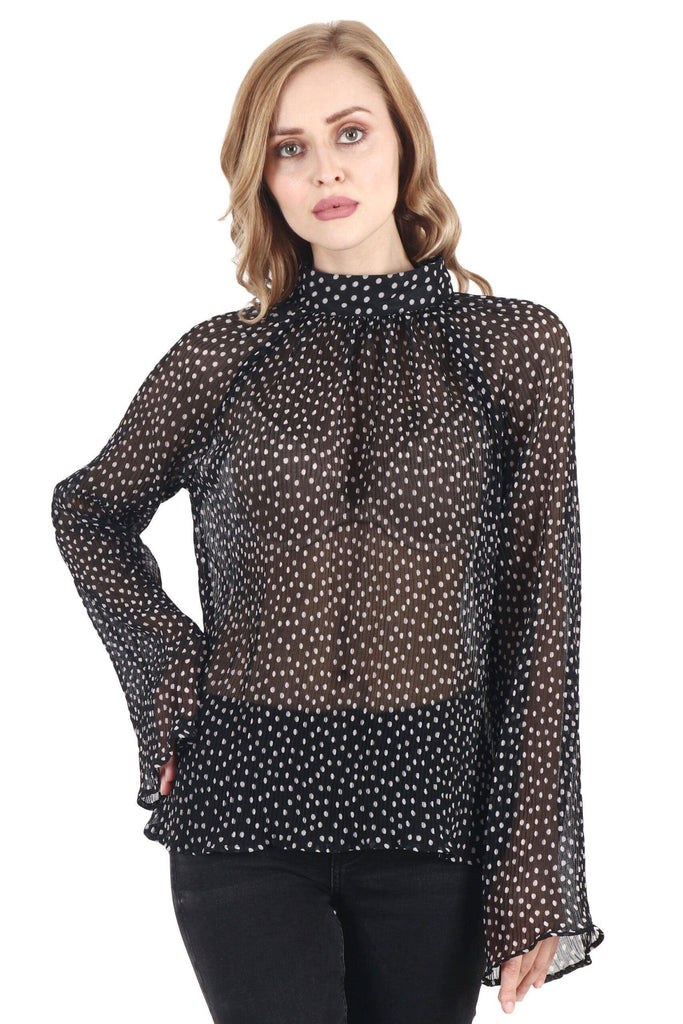 Model wearing Polyster Chiffon Top with Pattern type: Polka Dots-1