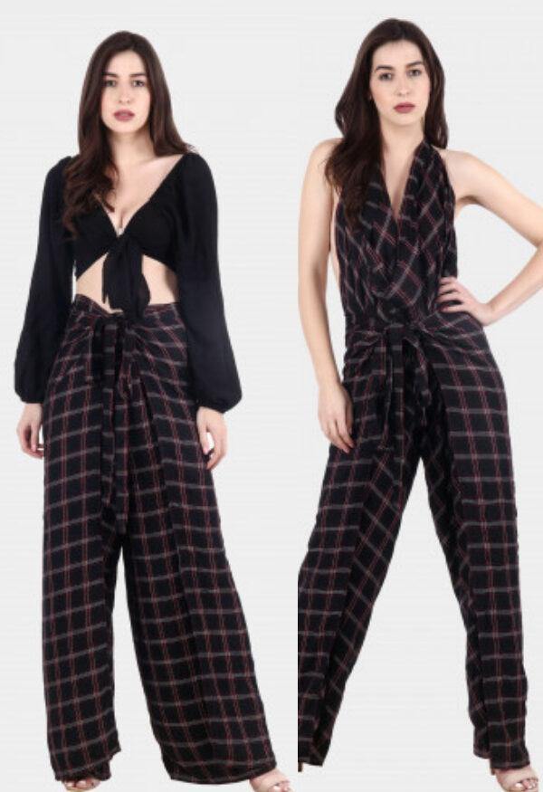 Model wearing Polyester Jumpsuit with Pattern type: Checked-1