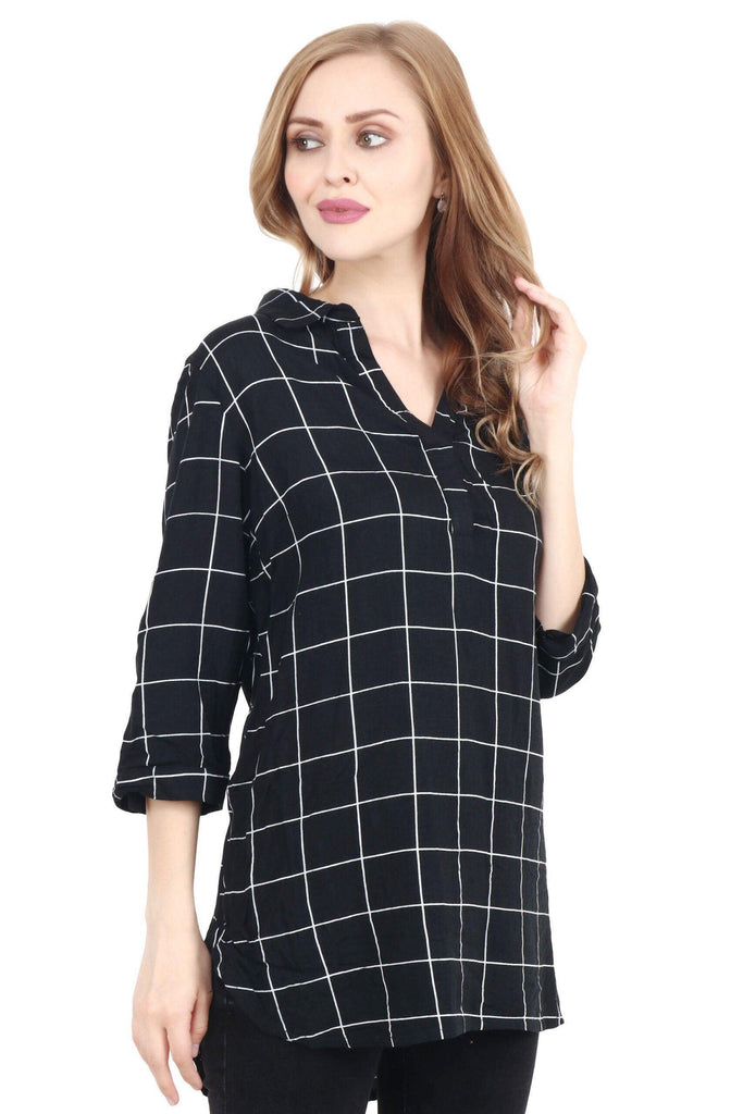 Model wearing Rayon Tunic with Pattern type: Checked-1