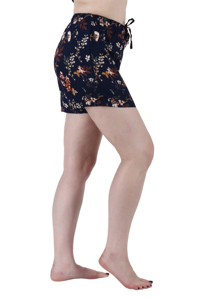 Model wearing Rayon Shorts with Pattern type: Floral-2