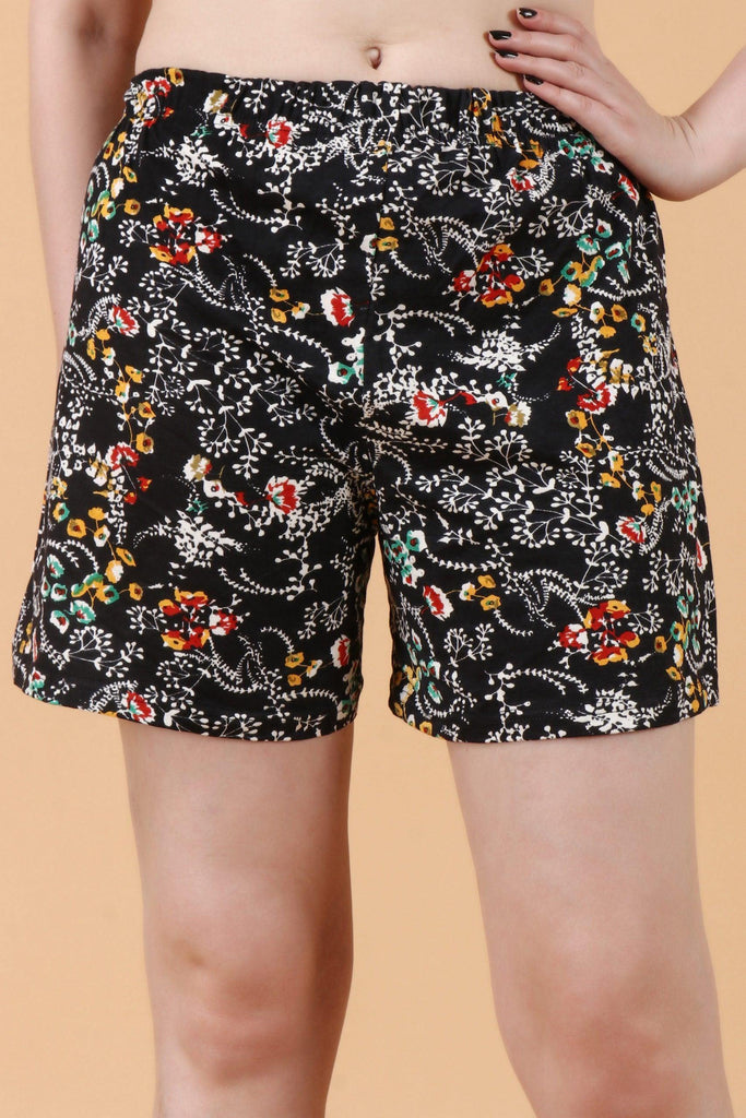 Model wearing Cotton Lycra Shorts with Pattern type: Floral-1