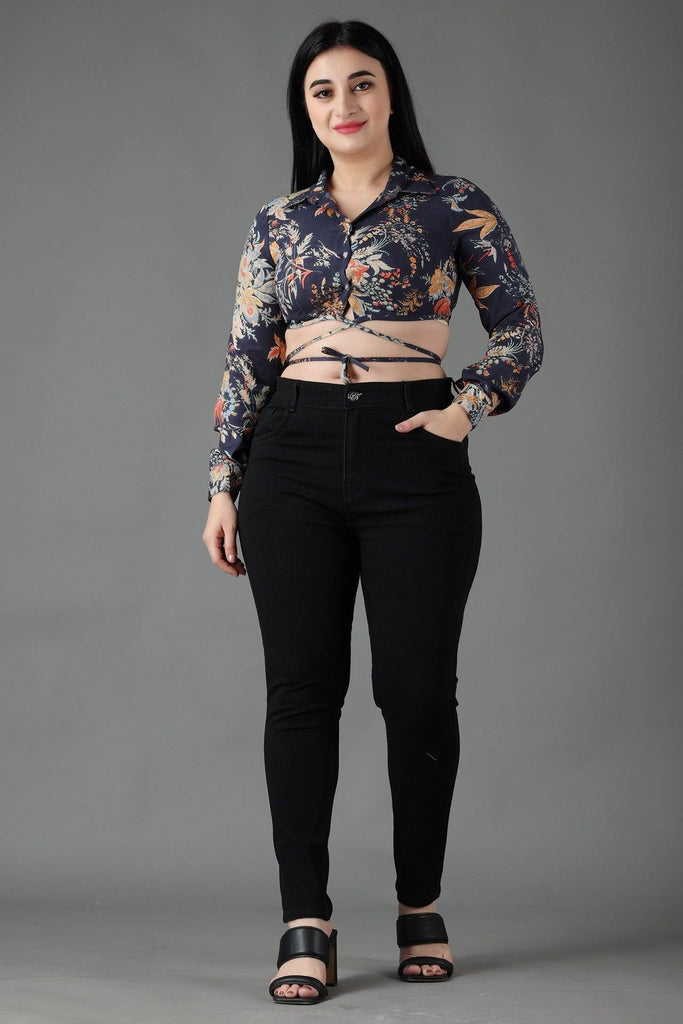 Model wearing Rayon Crop Top with Pattern type: Floral-1