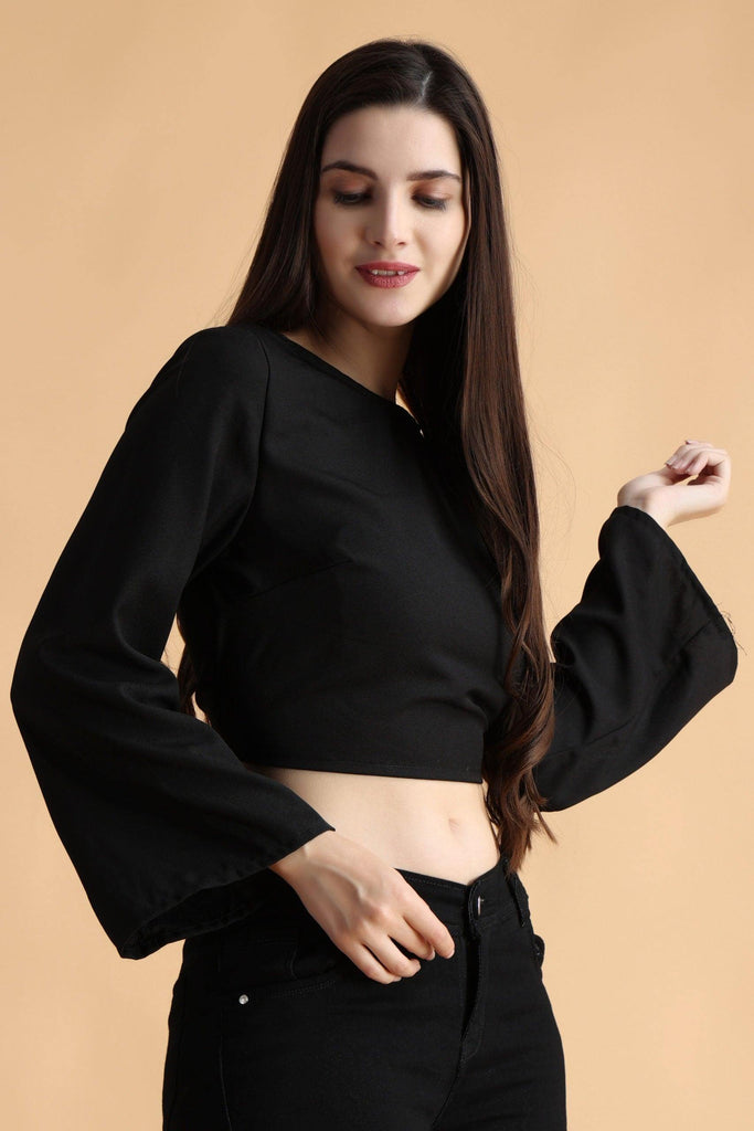 Model wearing Polyster Georgette Crop Top with Pattern type: Solid-3