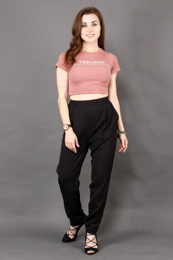 Model wearing Poly Crepe Trousers with Pattern type: Solid-6
