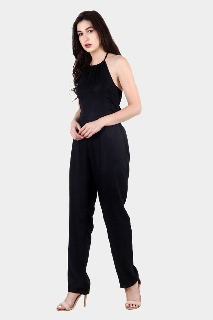 Model wearing Rayon Jumpsuit with Pattern type: Solid-5