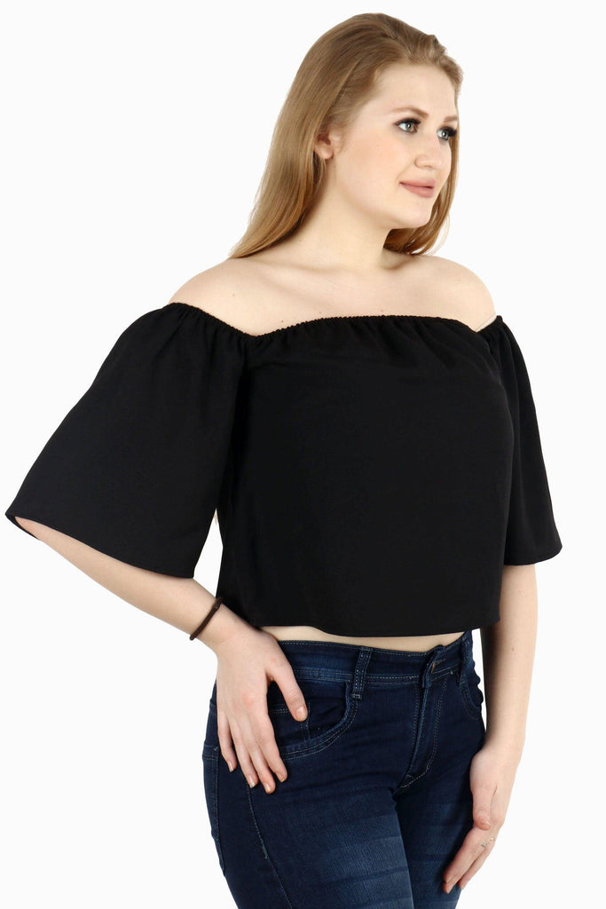 Model wearing Poly Crepe Crop Top with Pattern type: Solid-1