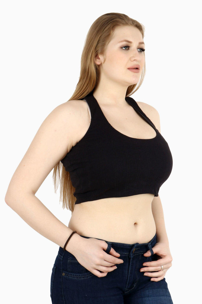 Model wearing Cotton Crop Top with Pattern type: Solid-5