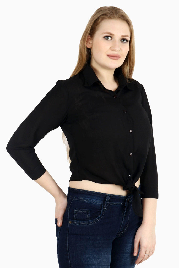 Model wearing Poly Crepe Top with Pattern type: Solid-1