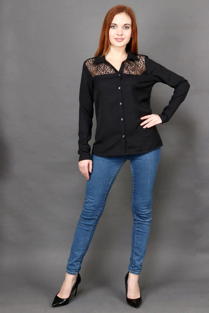 Model wearing Polyester Shirt with Pattern type: Solid-6