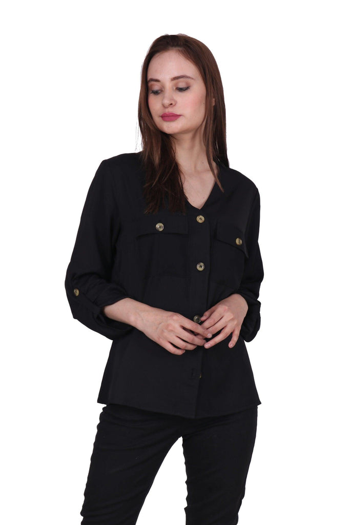 Model wearing Polyester Shirt with Pattern type: Solid-1