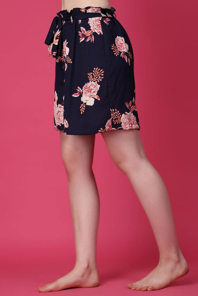 Model wearing Poly Crepe Shorts with Pattern type: Floral-2