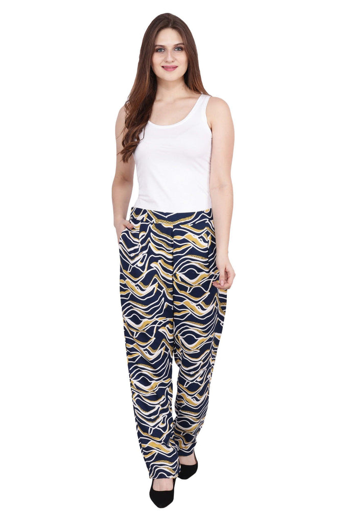 Model wearing Poly Crepe Trousers with Pattern type: Whale-2