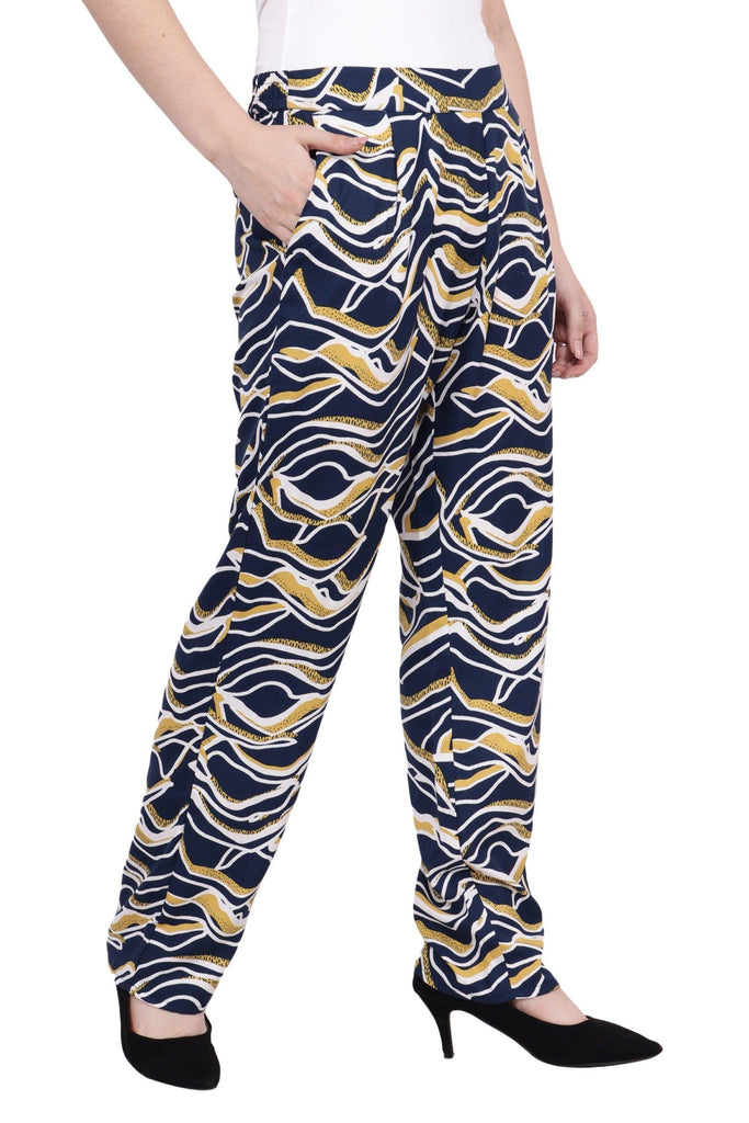 Model wearing Poly Crepe Trousers with Pattern type: Whale-5