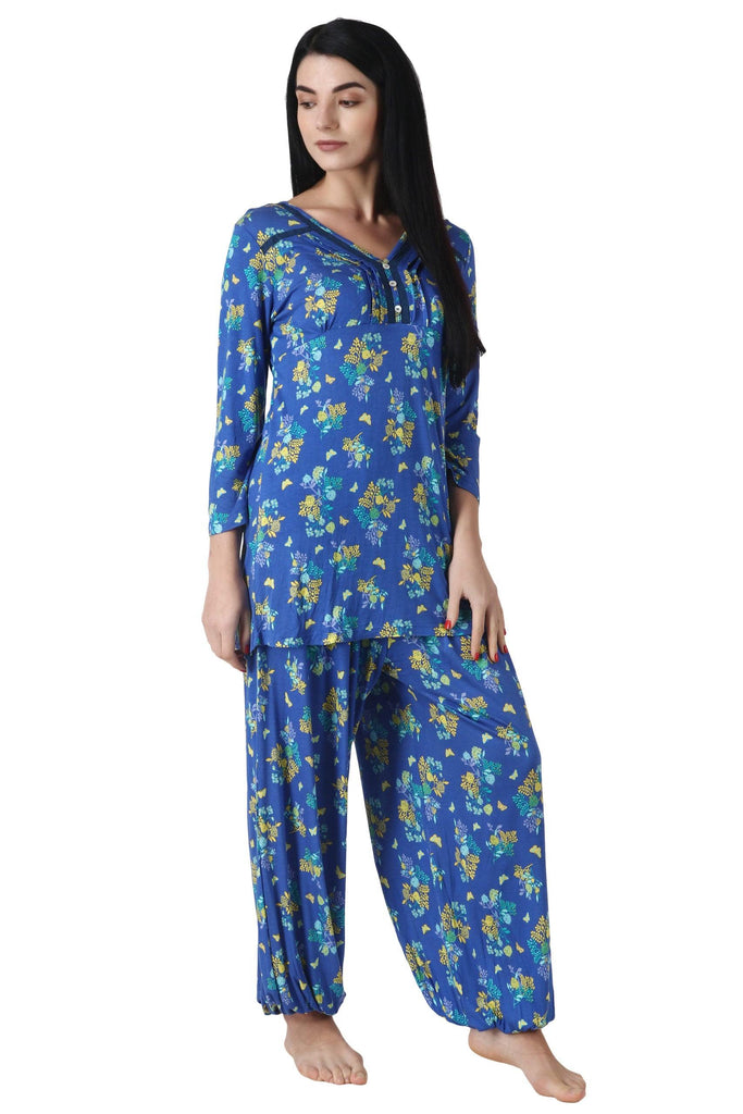 Model wearing Viscose Night Suit Set with Pattern type: Floral-1