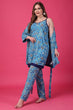 Blue Floral Printed Night Suit Set with Robe