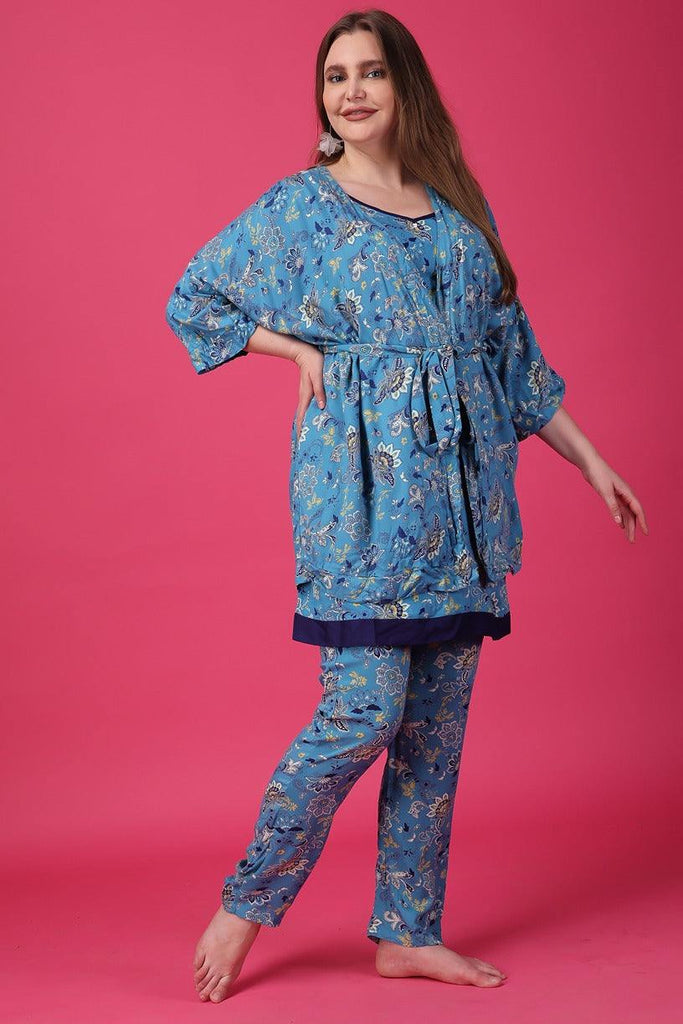 Model wearing Rayon Night Suit Set with Pattern type: Floral-4