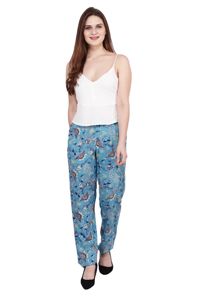 Model wearing Viscose Trousers with Pattern type: Floral-2