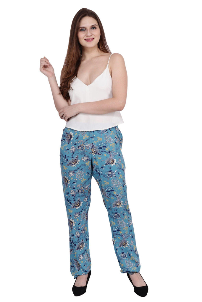 Model wearing Viscose Trousers with Pattern type: Floral-3
