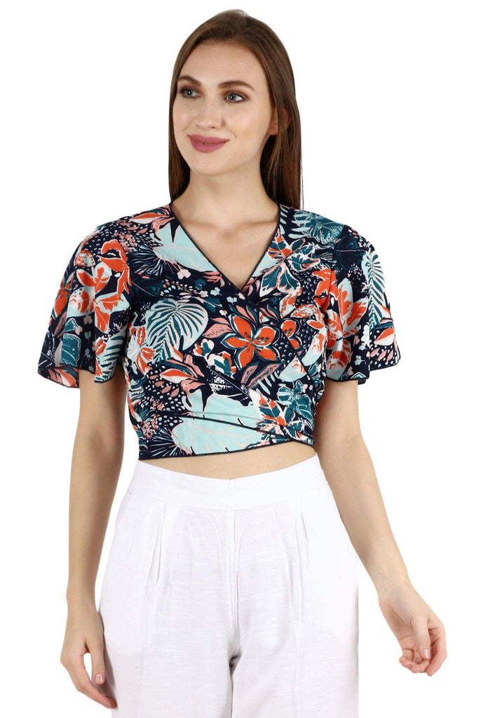 Model wearing Poly Crepe Crop Top with Pattern type: Floral-1