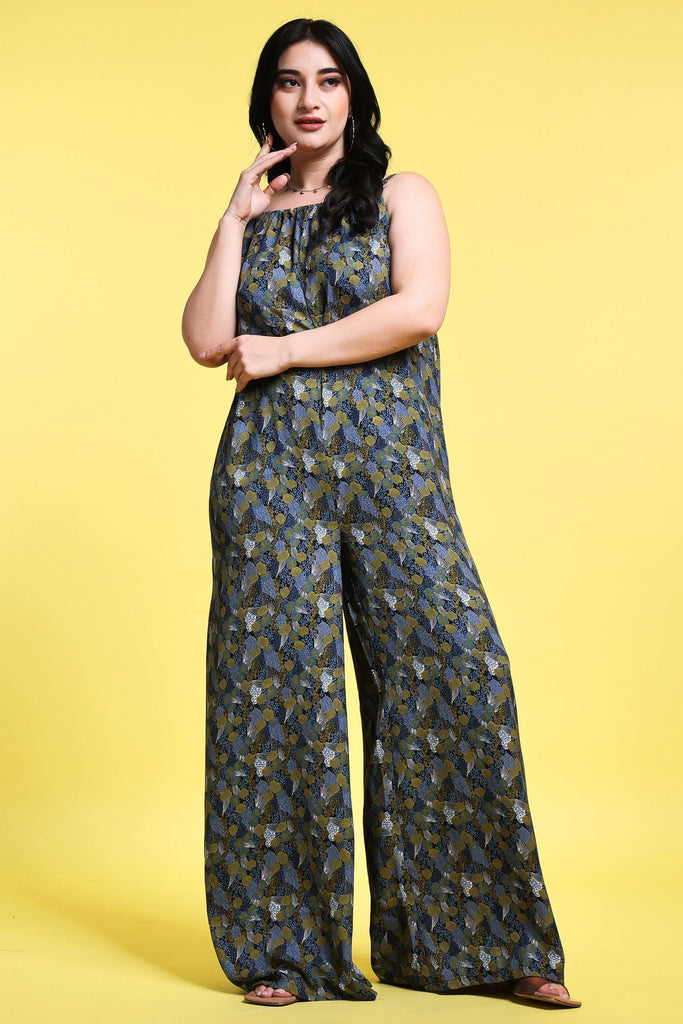 Model wearing Poly Crepe Jumpsuit with Pattern type: Small Print-1