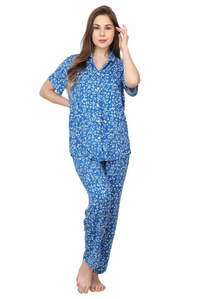 Model wearing Viscose Elastane Night Suit Set with Pattern type: Leaf-1