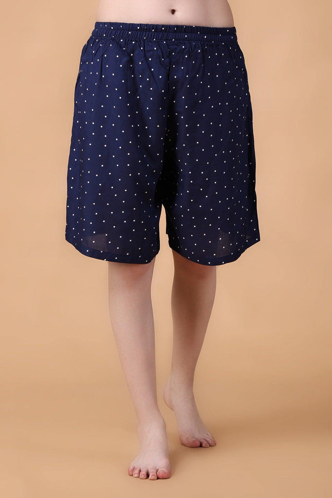 Model wearing Rayon Shorts with Pattern type: Polka Dots-1