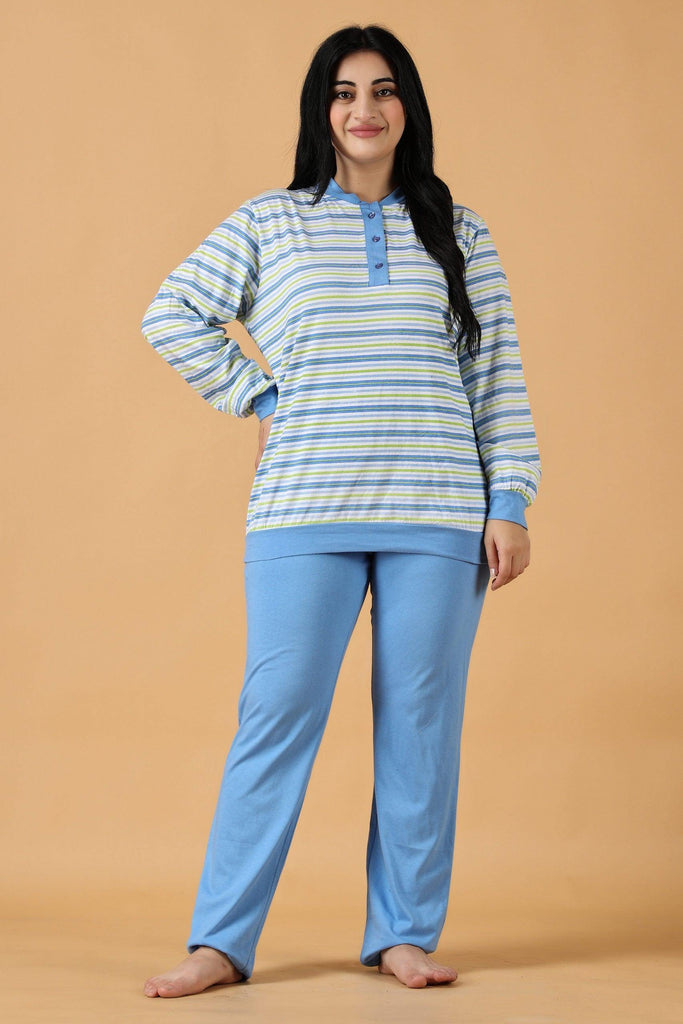 Model wearing Cotton Night Suit Set with Pattern type: Striped-1
