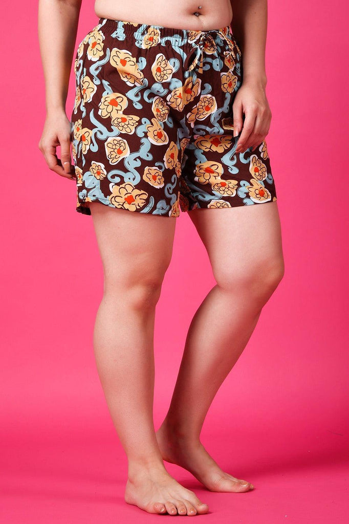 Model wearing Rayon Shorts with Pattern type: Floral-2