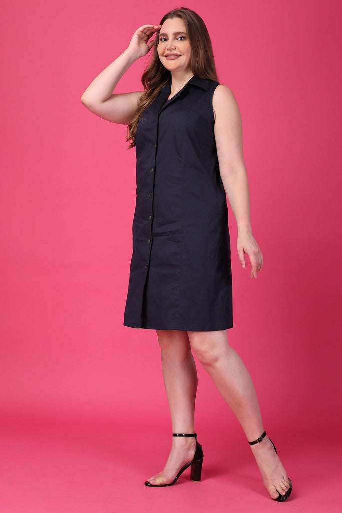 Model wearing Cotton Blended Mini Dress with Pattern type: Solid-2