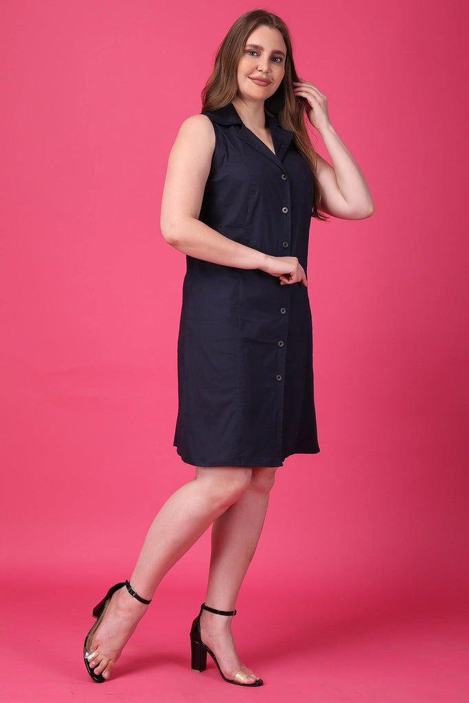 Model wearing Cotton Blended Mini Dress with Pattern type: Solid-3