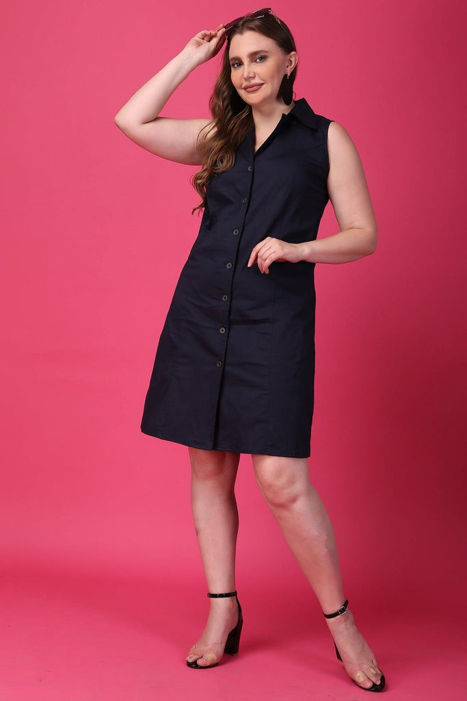 Model wearing Cotton Blended Mini Dress with Pattern type: Solid-6
