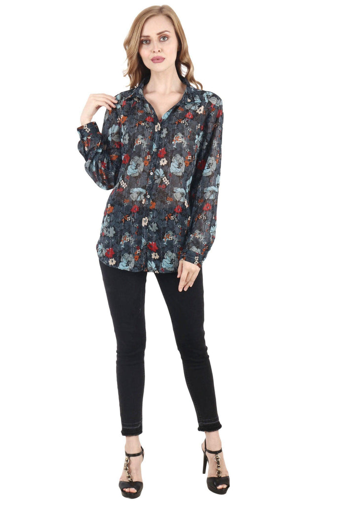 Model wearing Polyster Georgette Shirt with Pattern type: Floral-5