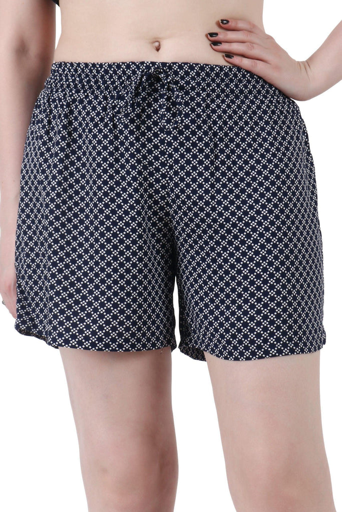 Model wearing Rayon Shorts with Pattern type: Dots-1
