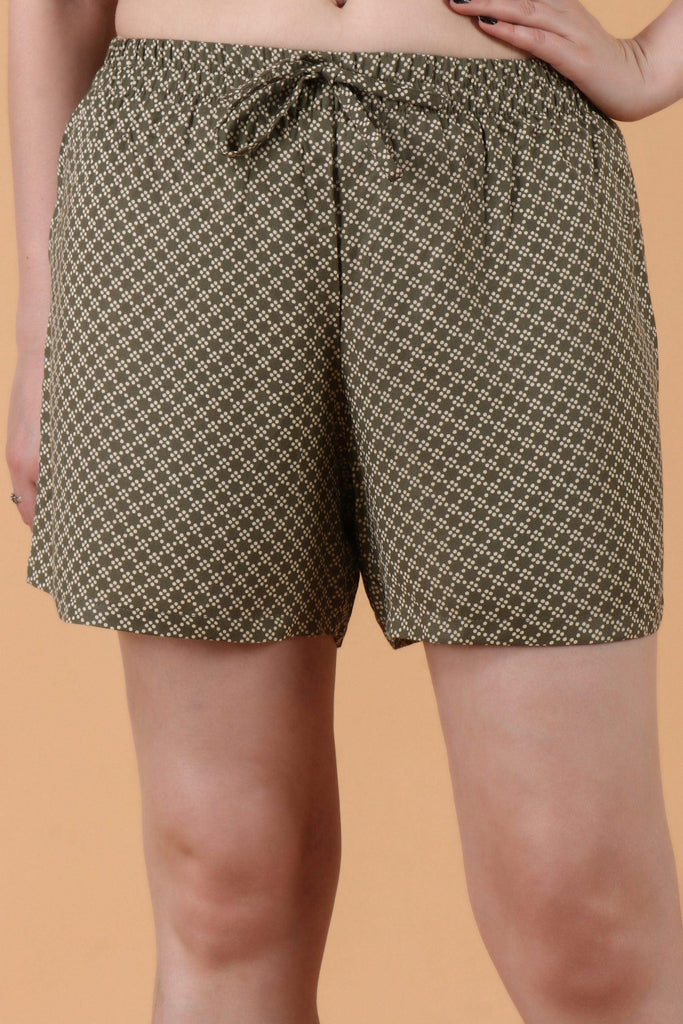 Model wearing Rayon Shorts with Pattern type: Dots-3